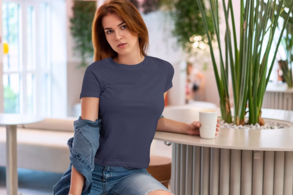 women crew neck tshirt navy blue color