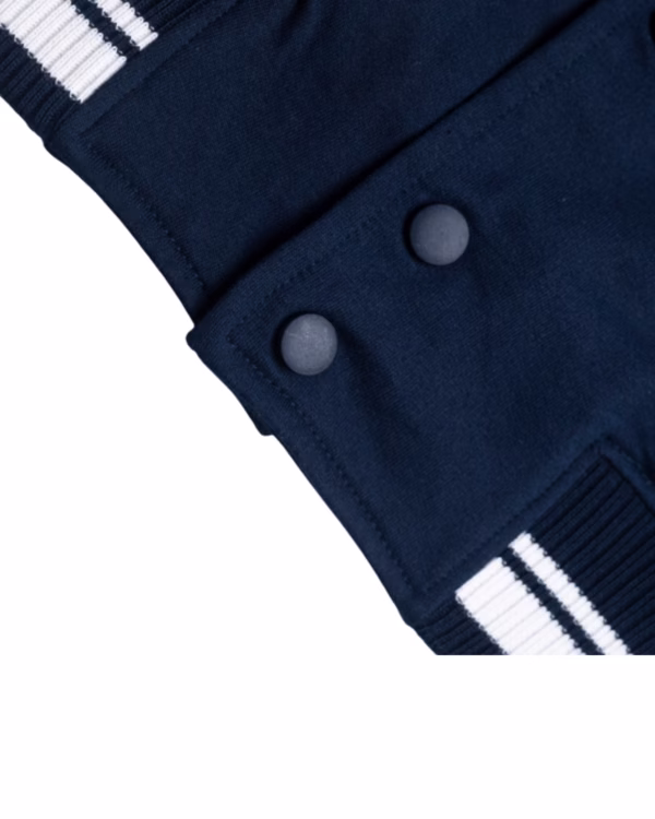 Men's Navy Blue Solid Varsity Jacket closeup bottom