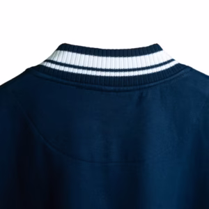 Men's Navy Blue Solid Varsity Jacket back closeup