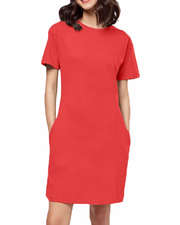 Solid Red T-Shirt Dress For Women pockets