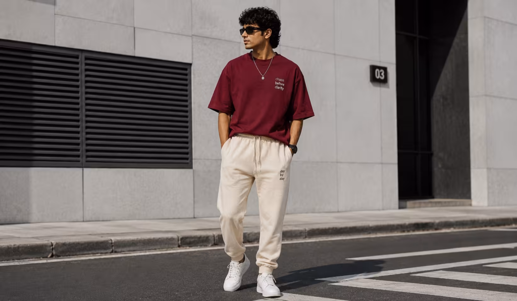 urban streetwear in maroon and beige